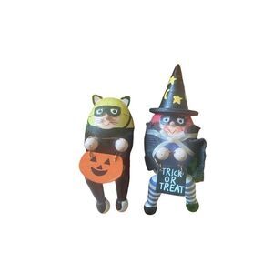 Vintage Primitive style Witch and Black cat shelf sitters